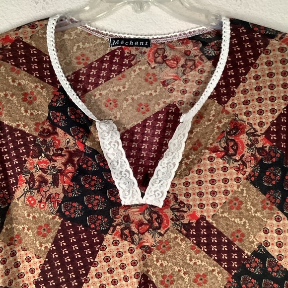 VINTAGE Plus Size Patchwork Blouse Top Brown Floral Boho Hippie Retro 70s 1X - Picture 2 of 9